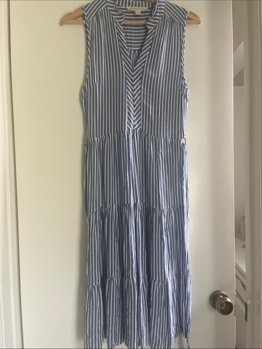 Monteau Blue and White Striped Sleeveless Midi Dress